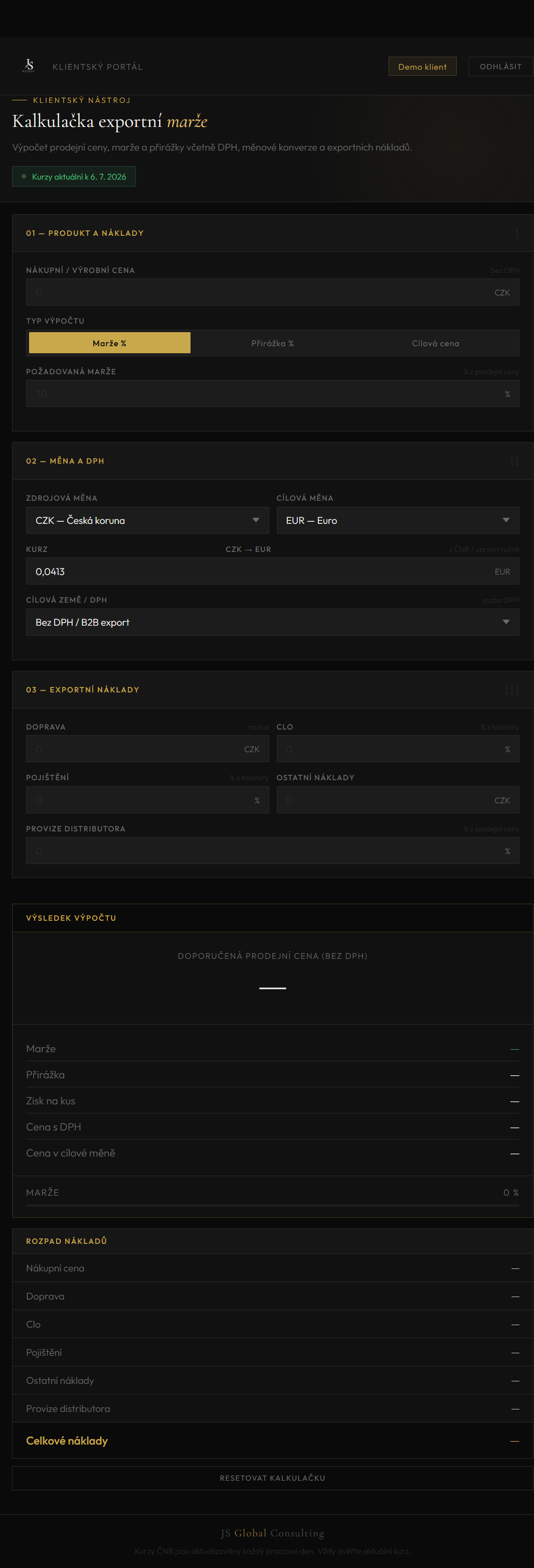 Export margin calculator